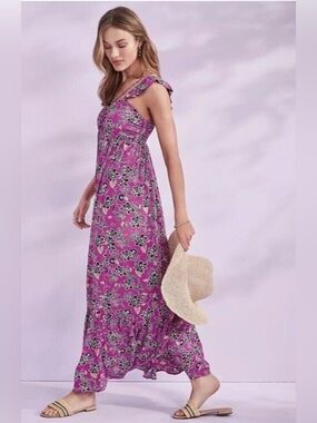 LOFT Purple Floral Ruffle Strap Maxi Dress Size 12⁠